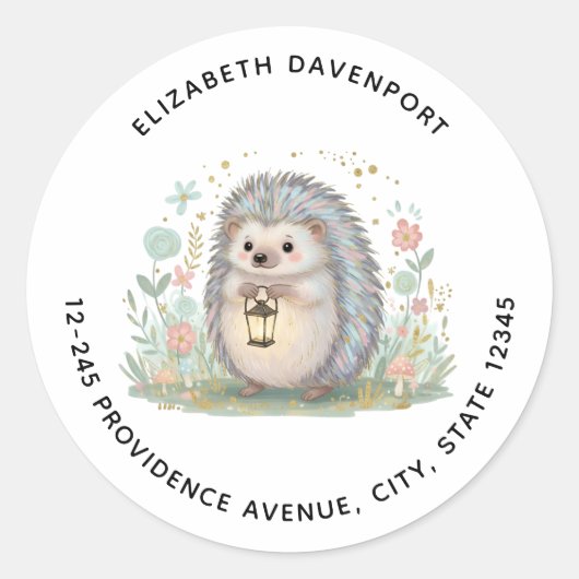 Sticker Rond Hérisson Mignon avec Adresse de Lanterne (Devant)