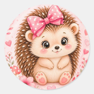 Sticker Rond Hérisson Mignon Avec Fleurs Pour Les Amoureux Des
