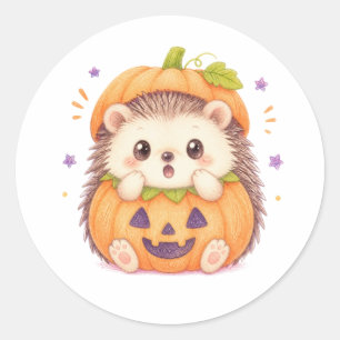 Sticker Rond Hérisson Mignon en Costume de Citrouille Illustrat