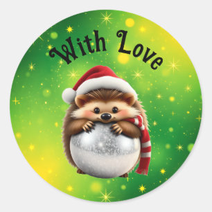 Sticker Rond Hérisson mignon étreignant une boule de Noël ronde