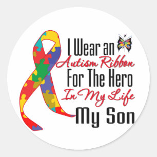 Sticker Rond Héros de ruban d'autisme dans ma vie mon fils
