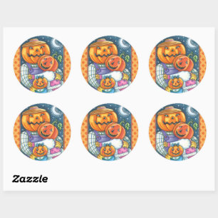 STICKER ROND HEUREUSE FAMILLE JACK-O'-LANTERN, COLORÉE ET MORTE