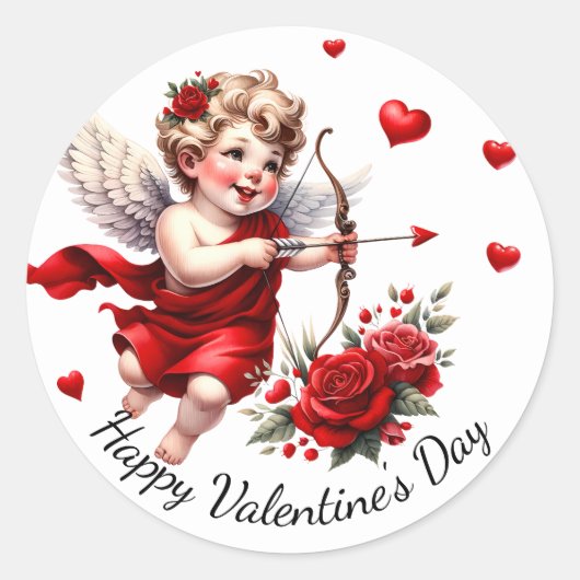 Sticker Rond Heureuse Sainte-Valentin Cupid avec Coeurs rouges  (Devant)