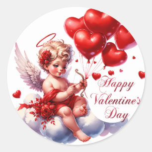 Sticker Rond Heureuse Sainte-Valentin cupide aux Coeurs rouges