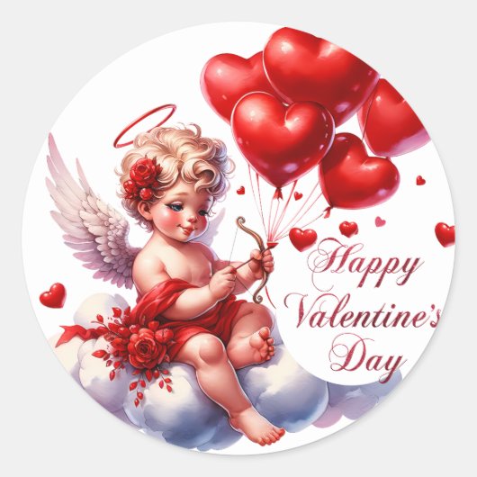 Sticker Rond Heureuse Sainte-Valentin cupide aux Coeurs rouges (Devant)