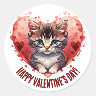 Sticker Rond Heureuse Sainte-Valentin Little Kitten avec coeur