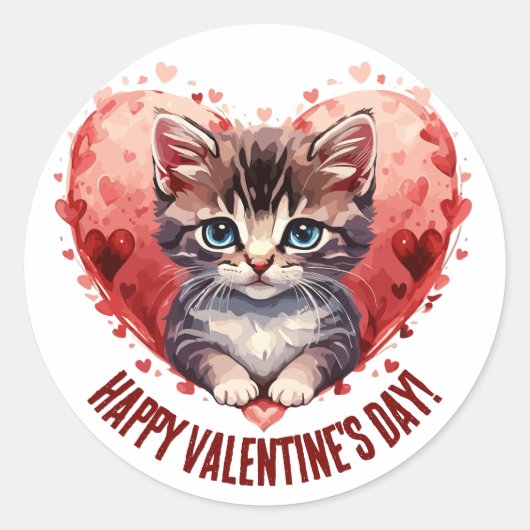 Sticker Rond Heureuse Sainte-Valentin Little Kitten avec coeur (Devant)