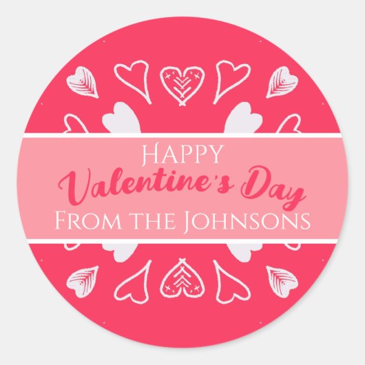 Sticker Rond Heureuse Sainte-Valentin Modern Pink Nom de famill (Devant)