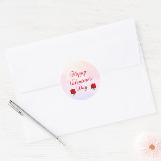 Sticker Rond Heureuse Sainte-Valentin Soft Pastel Red Roses (Enveloppe)