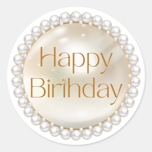 Sticker Rond heureux anniversaire or script perles blanches (Devant)