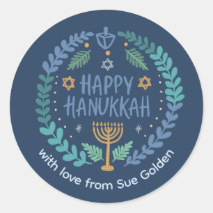 Sticker Rond HEUREUX HANOUKKA Moderne Dessiné À La Main Cute Wh