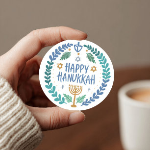 Sticker Rond HEUREUX HANOUKKA Moderne Dessiné À La Main Cute Wh