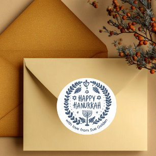 Sticker Rond HEUREUX HANOUKKA Moderne Dessiné À La Main Personn