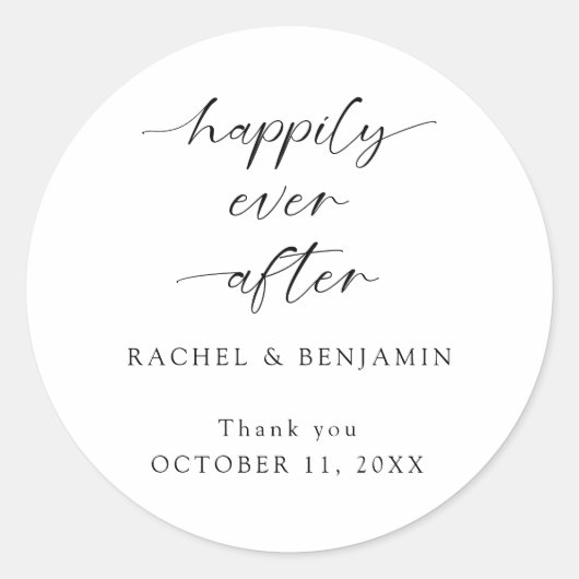 Sticker Rond Heureux Jamais après Mariage minimal Script élégan (Devant)