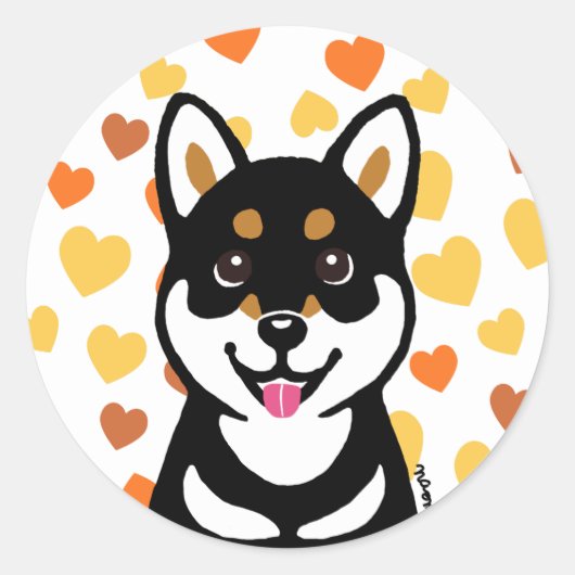 Sticker Rond Heureux Kuro Shiba Inu chien Coeurs Stikers (Devant)