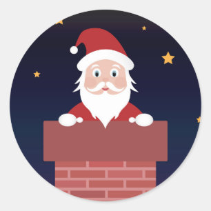 Sticker Rond Heureux Père Noël descendant la cheminée