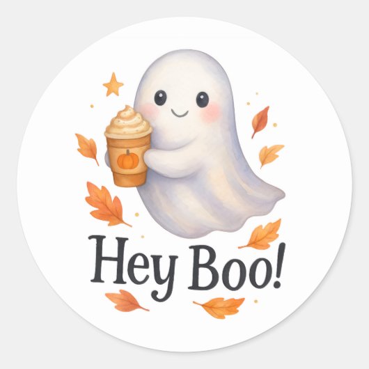 Sticker Rond Hey Boo! – Cute AI-Generated Ghost Pumpkin Latte (Devant)