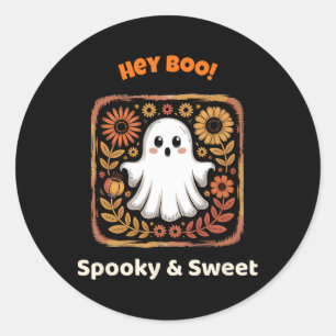 Sticker Rond Hey Boo Ghost Retro Halloween Éffrayant Mat Octobr