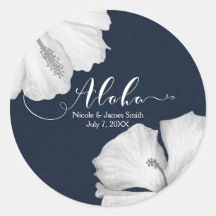 Sticker Rond Hibiscus blanc Faveur de mariage tropical bleu Alo