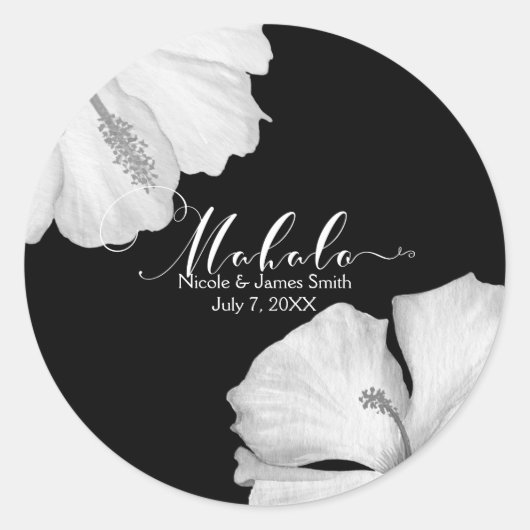 Sticker Rond Hibiscus blanc Mariage tropical noir Faveur Mahalo (Devant)