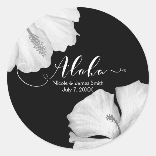 Sticker Rond Hibiscus blanc Noir Tropical Wedding Favor Aloha (Devant)