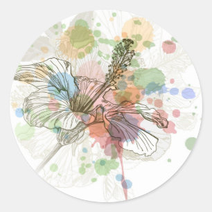 Sticker Rond Hibiscus fleur & aquarelle arrière - plan
