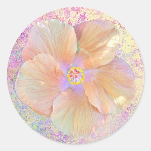 Sticker Rond Hibiscus fleur tropicale iridescente look or rose (Devant)