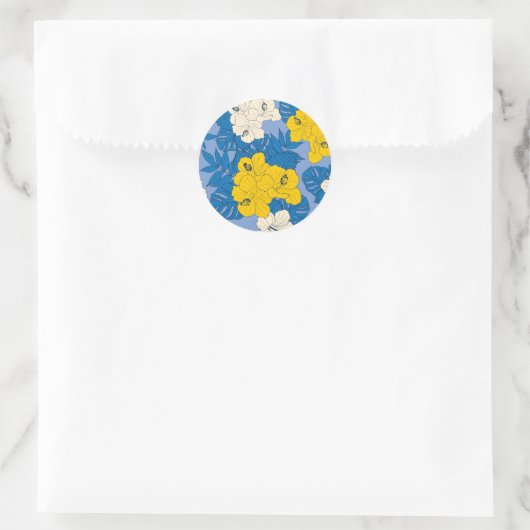 Sticker Rond Hibiscus fleurs et feuilles (Sac)