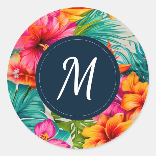 Sticker Rond Hibiscus floral tropical Monogramme (Devant)