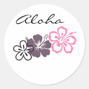 Sticker Rond hibiscus gris et rose thème hawaïen