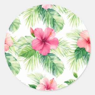 Sticker Rond Hibiscus rose tropical palmier aquarelle