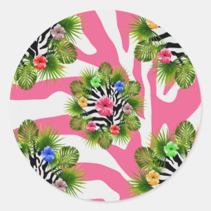 Sticker Rond Hibiscus tropical et rayures exotiques de zèbre ro