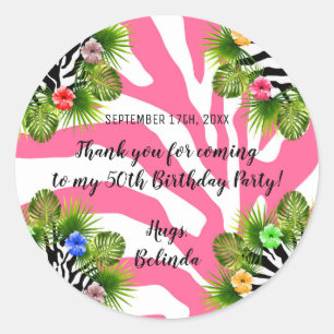 Sticker Rond Hibiscus tropical et rayures exotiques de zèbre ro