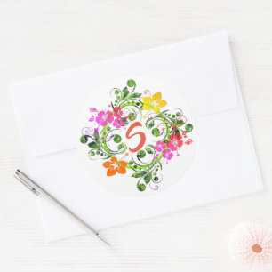 Sticker Rond Hibiscus tropical fleuri couronne vert rose jaune