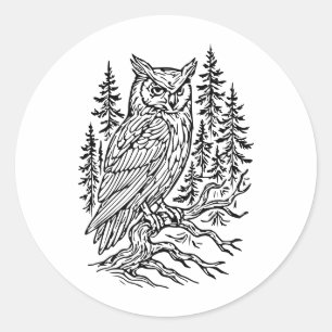 Sticker Rond Hibou à cornes détaillé dans une gravure sur ligne