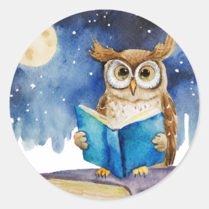 Sticker Rond Hibou sobre lisant le gros livre de rétablissement