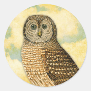 Sticker Rond Hibou vintage avec des nuages
