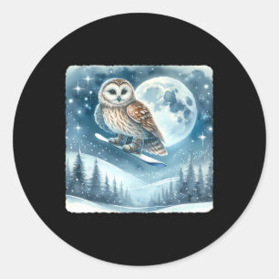 Sticker Rond Hiboux surplombant Le Paysage De Neige Lune. Sno