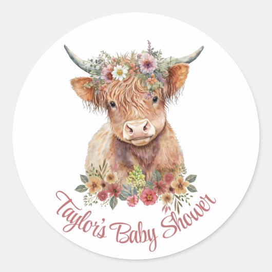 Sticker Rond Highland Calf Floral Rustique Aquarelle Cute (Devant)