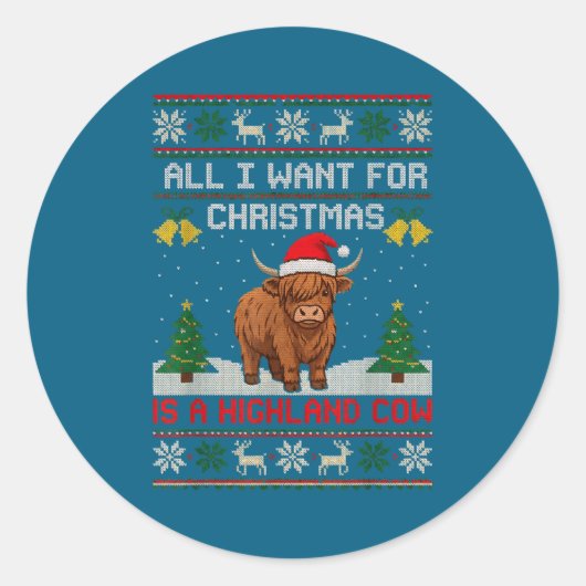 Sticker Rond Highland Cow Christmas Ugly Sweater Style Festive (Devant)