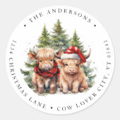 Sticker Rond Highland Cow Farming Christmas Return Adresse (Devant)
