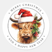 Sticker Rond Highland Cow Festive Animal de ferme Joyeux Noël (Devant)