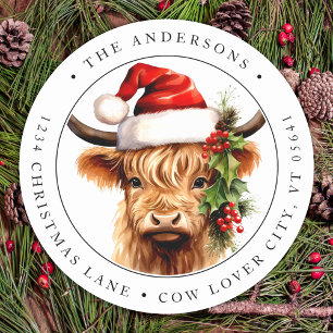 Sticker Rond Highland Cow Festive Farm Adresse de retour Noël