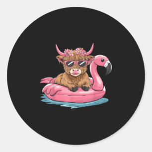 Sticker Rond Highland Cow Flamant rose Flotte Noël En Juillet S