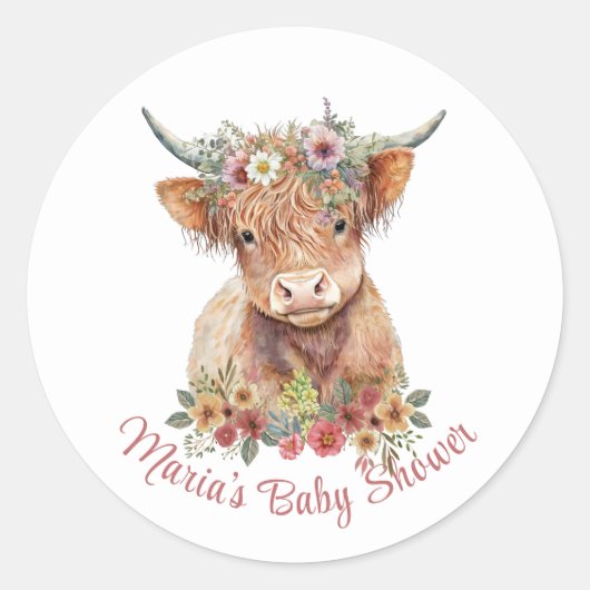Sticker Rond Highland Cow Floral Illustration mignon Rustique (Devant)