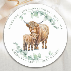 Sticker Rond Highland Cow Green Baby shower d'animaux de ferme