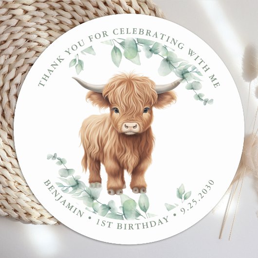 Sticker Rond Highland Cow Greenery Agritourisme Animaux Anniver