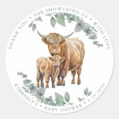 Sticker Rond Highland Cow Greenery Boho Farm Baby shower animal (Devant)