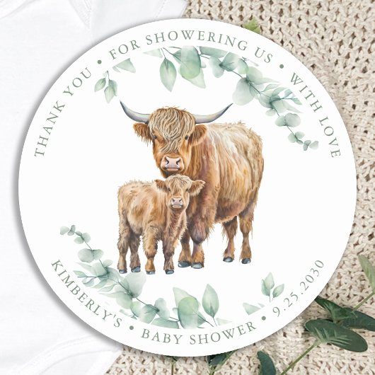 Sticker Rond Highland Cow Greenery Boho Farm Baby shower animal