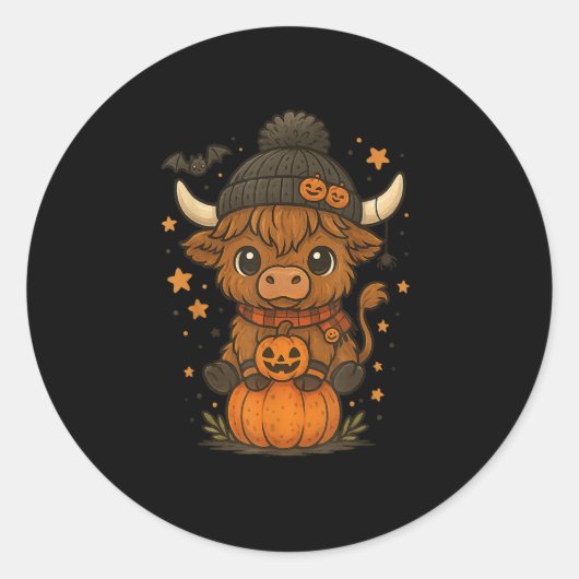 Sticker Rond Highland Cow Halloween Citrouille (Devant)